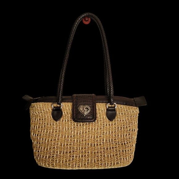 Vintage Brighton Woven Straw & Leather Tote Bag With Heart Clasp - Picture 1 of 7